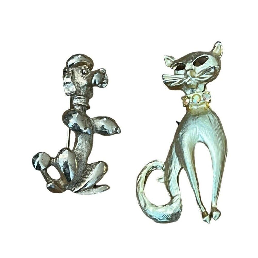 Vintage Sarah Coventry Gold Tone Poodle Brooch And Kitty Cat Rhinestone Lot of 2